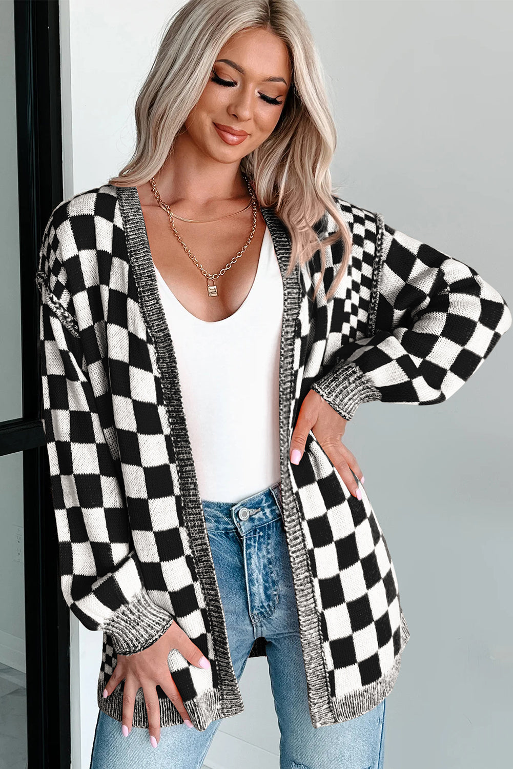 black checkered cardigan