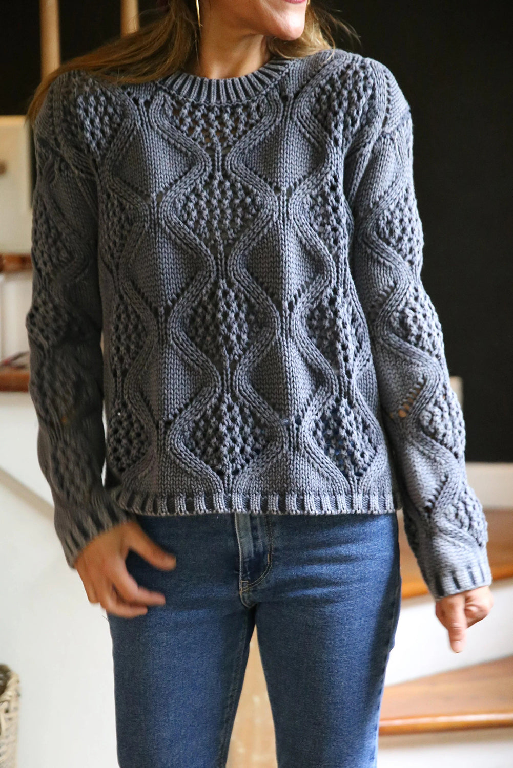 Wild Wind Hollowed Texture Geometric Knit Pullover Sweater