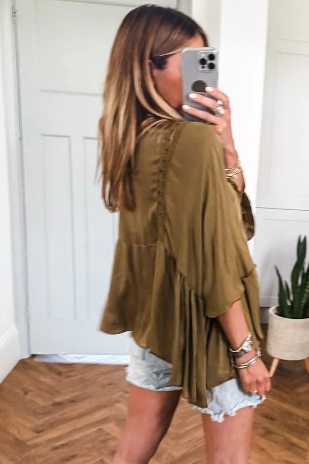 Jungle Green Silky Round Neck Lace Frilled Detail Long Sleeve Blouse