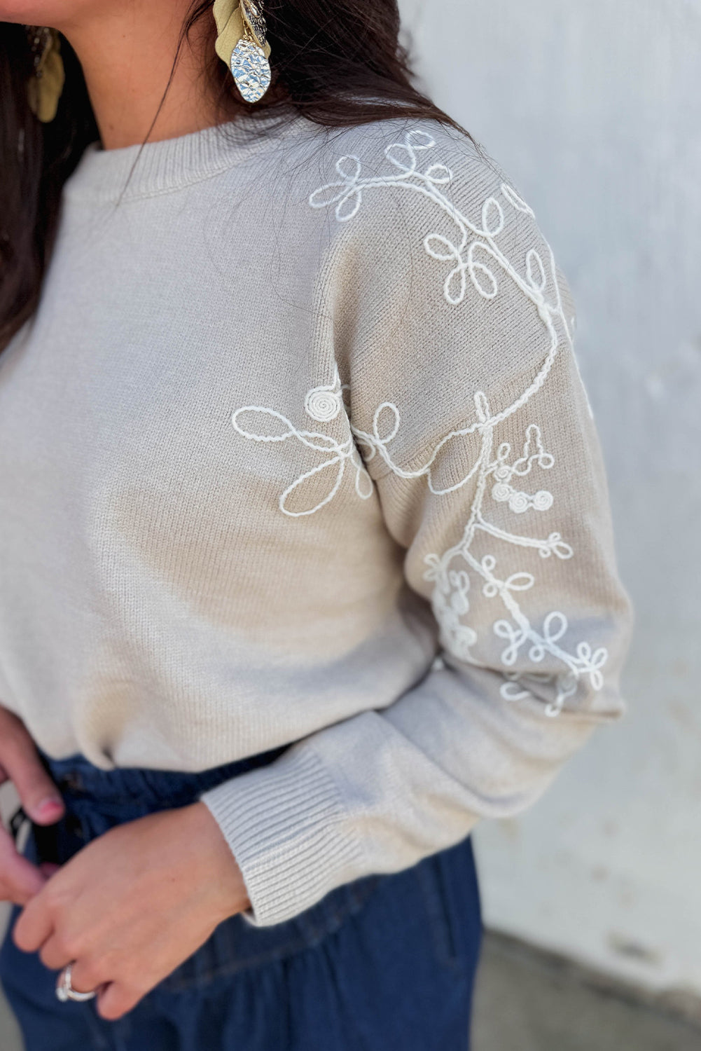 Simply Taupe Contrast Embroidered Sleeve Ribbed Trim Casual Sweater