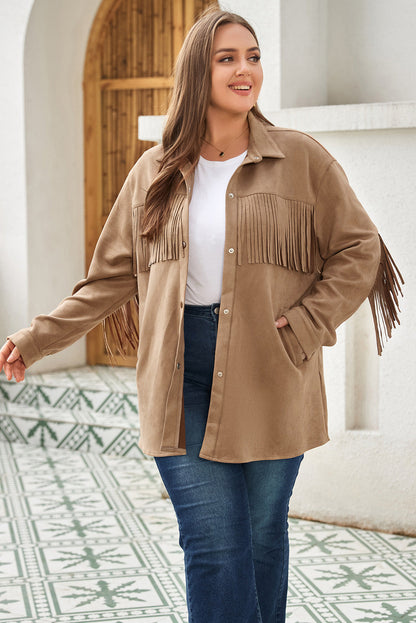 Khaki Suede Shacket with Fringe Detail for Plus Size Women