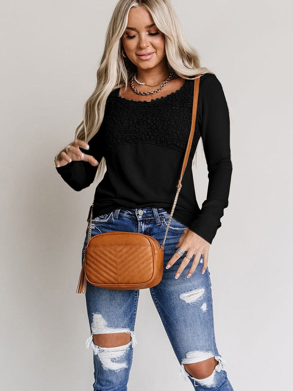 Elegant Black Lace Panel V Neck Long Sleeve Blouse