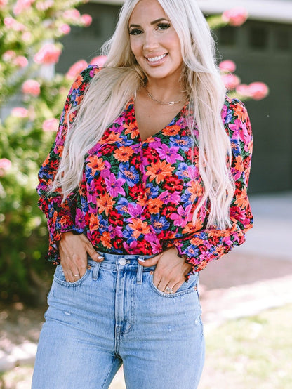 Elegant Floral Wrap V Neck Long Sleeve Body Suit