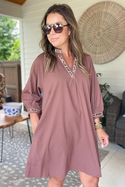 Old Rose Contrast Trim V Neck Bracelet Sleeve Shift Mini Dress