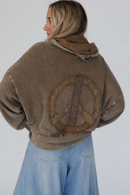 Dark Brown Mineral Wash Button Drawstring Neck Hooded Sweatshirt