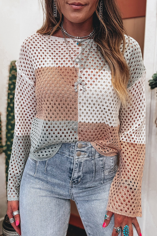 Multicolour Colorblock Fishnet Hollow-out Drop Shoulder Knitted Sweater