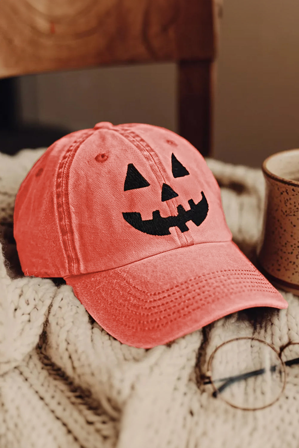 Orange Halloween Embroidered Jack-o-lantern Pumpkin Washed Hat