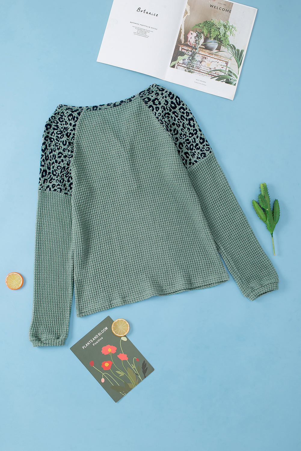 Green Leopard Waffle Knit V-Neck Blouse with Button Details