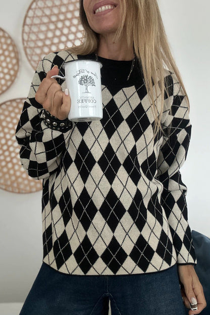 Black Checkered Colorblock Round Neck Sweater Top