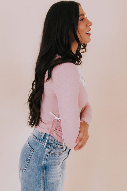 Light Pink Lace Trim Square Neck Ribbon Bow Ruched Cropped Top