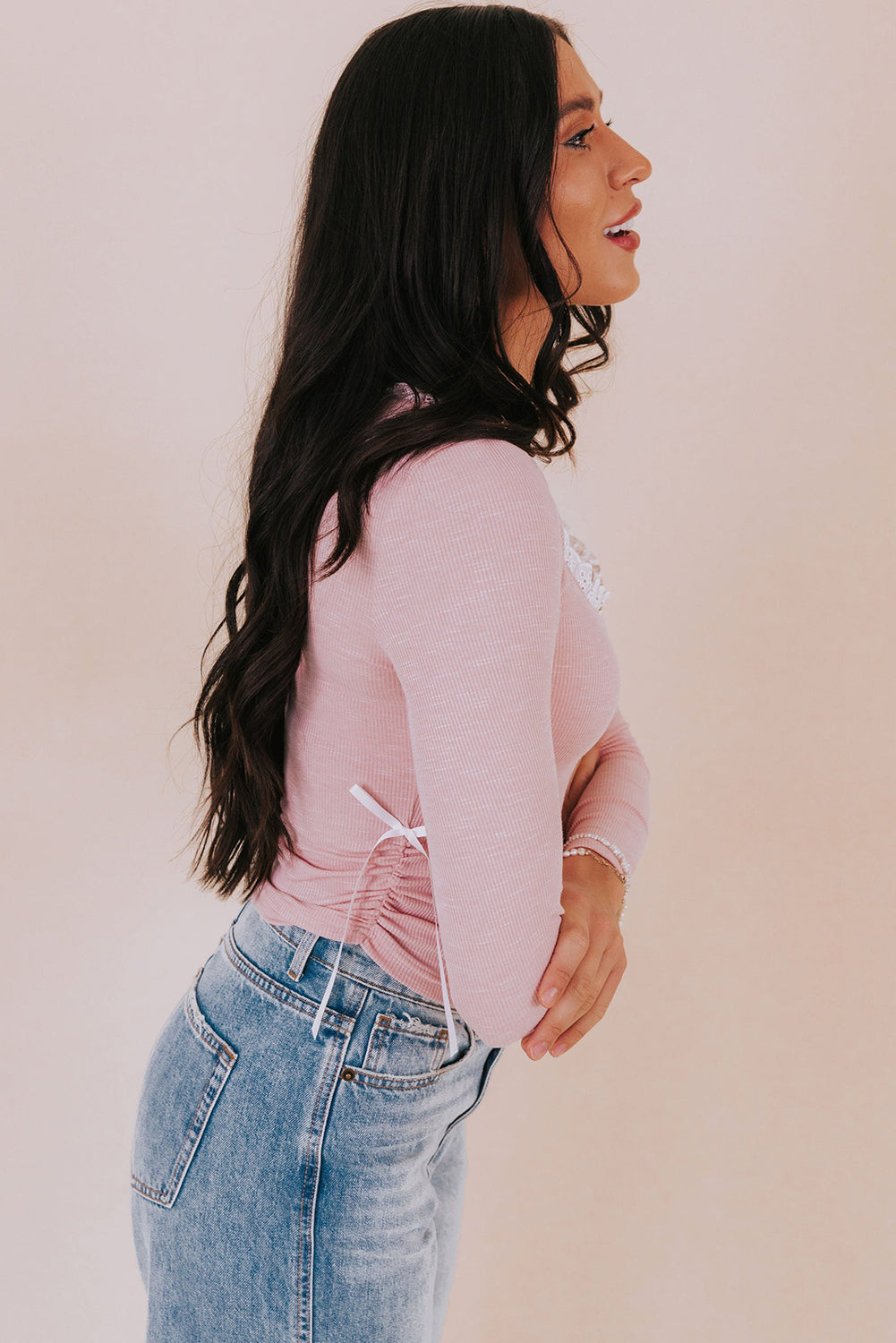 Light Pink Lace Trim Square Neck Ribbon Bow Ruched Cropped Top