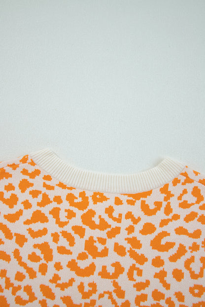 Orange Leopard Drop Shoulder Chunky Knitted Cardigan Sweater