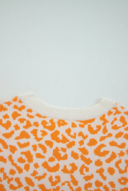 Orange Leopard Drop Shoulder Chunky Knitted Cardigan Sweater