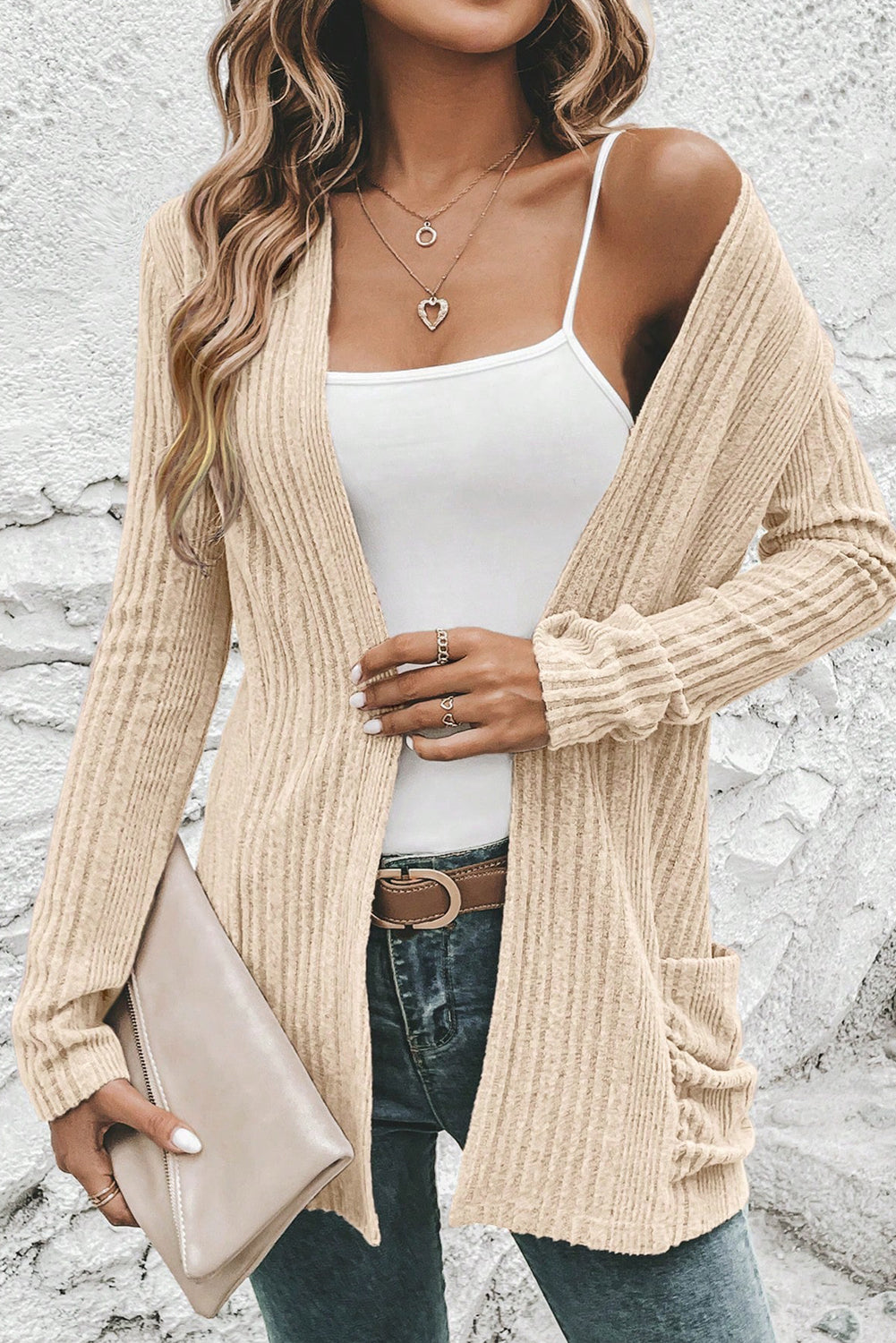 Beige Ribbed Open Front Knitted Top with Pockets
