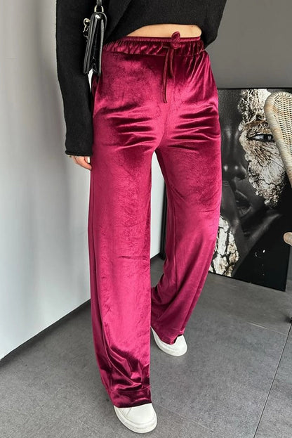 Pitaya Pink Shiny Velvet Drawstring High Waist Straight Leg Casual Pants