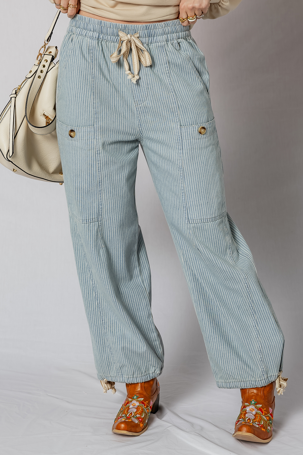 Beau Blue Striped Denim Button Patched Large Pocket Drawstring Jeans