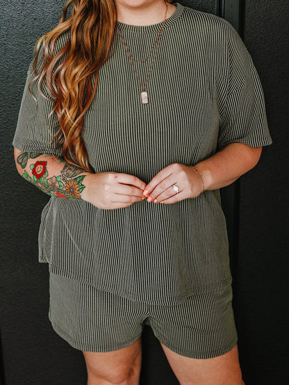 Moss Green Plus Size Rib Knit Short Sleeve Top and Shorts Set