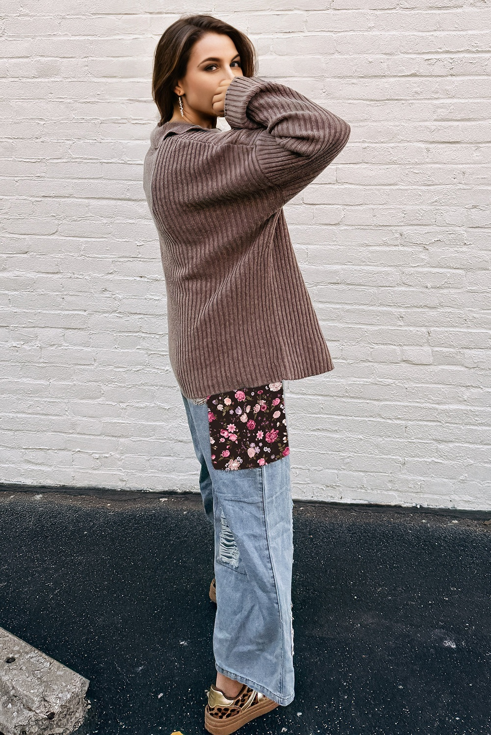 Myosotis Buttoned Straps Floral Patchwork Distressed Denim Overalls