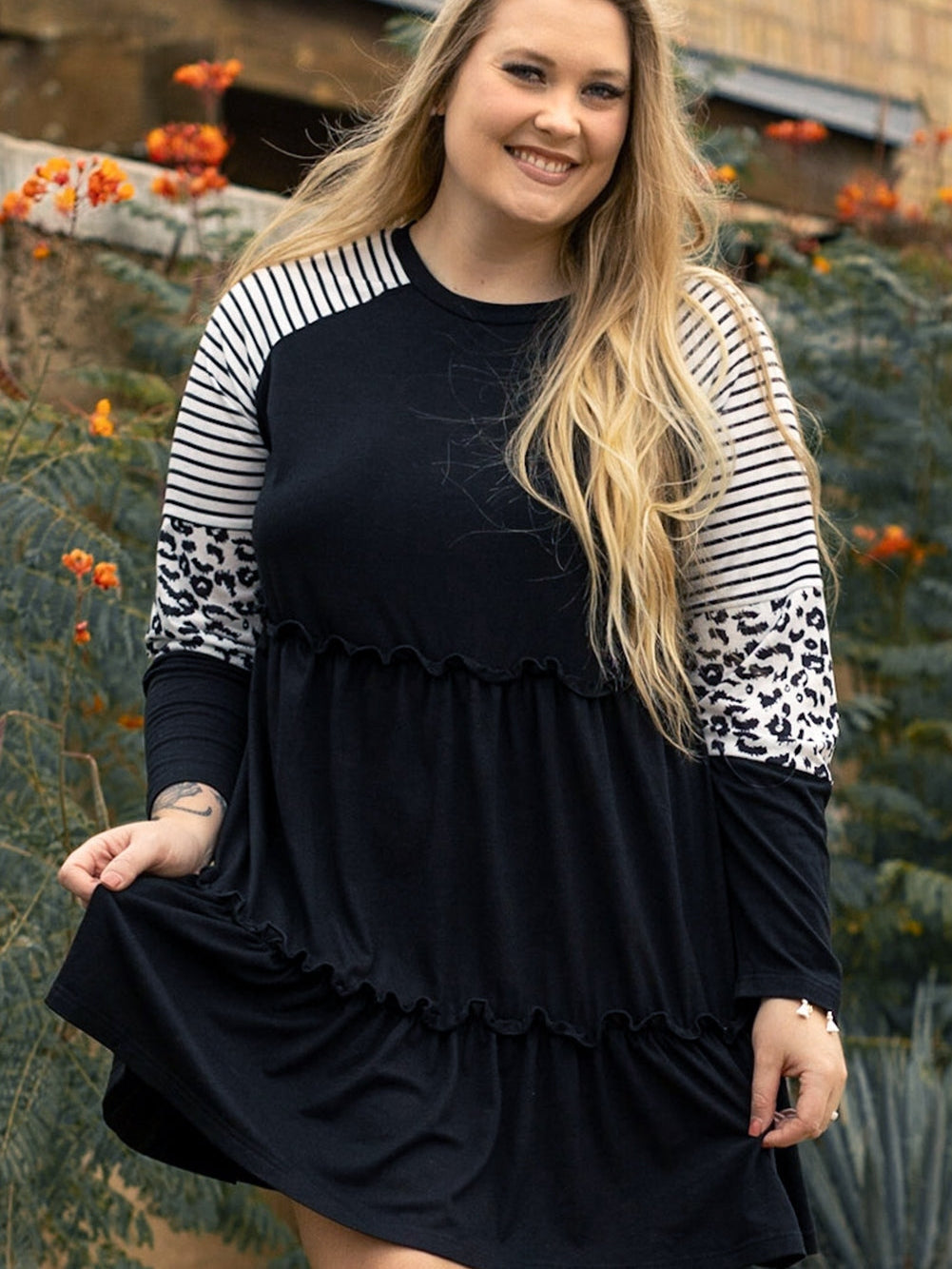 Black Plus Size Striped Leopard Patch Sleeve Ruffle Tiered Dress