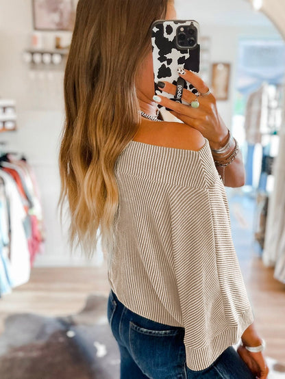 Apricot Boatneck Batwing Sleeve Striped Cording Blouse