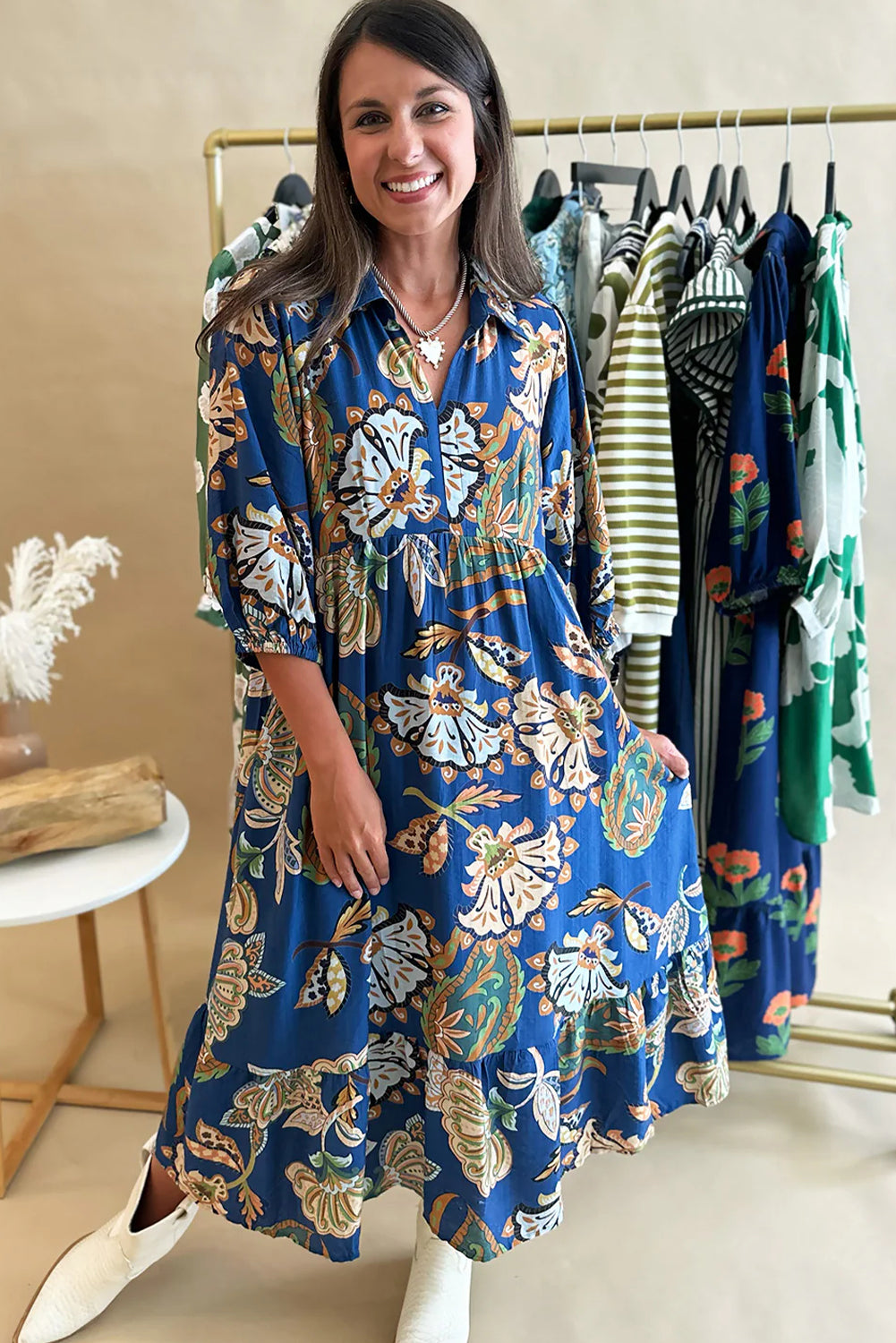 Blue Floral Paisley Print Shirt Collar 3/4 Sleeve Midi Dress