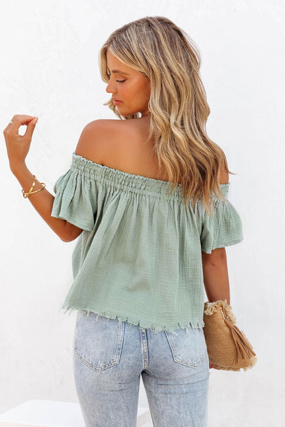 Green Textured Ruffle Off-Shoulder Blouse for Casual Chic