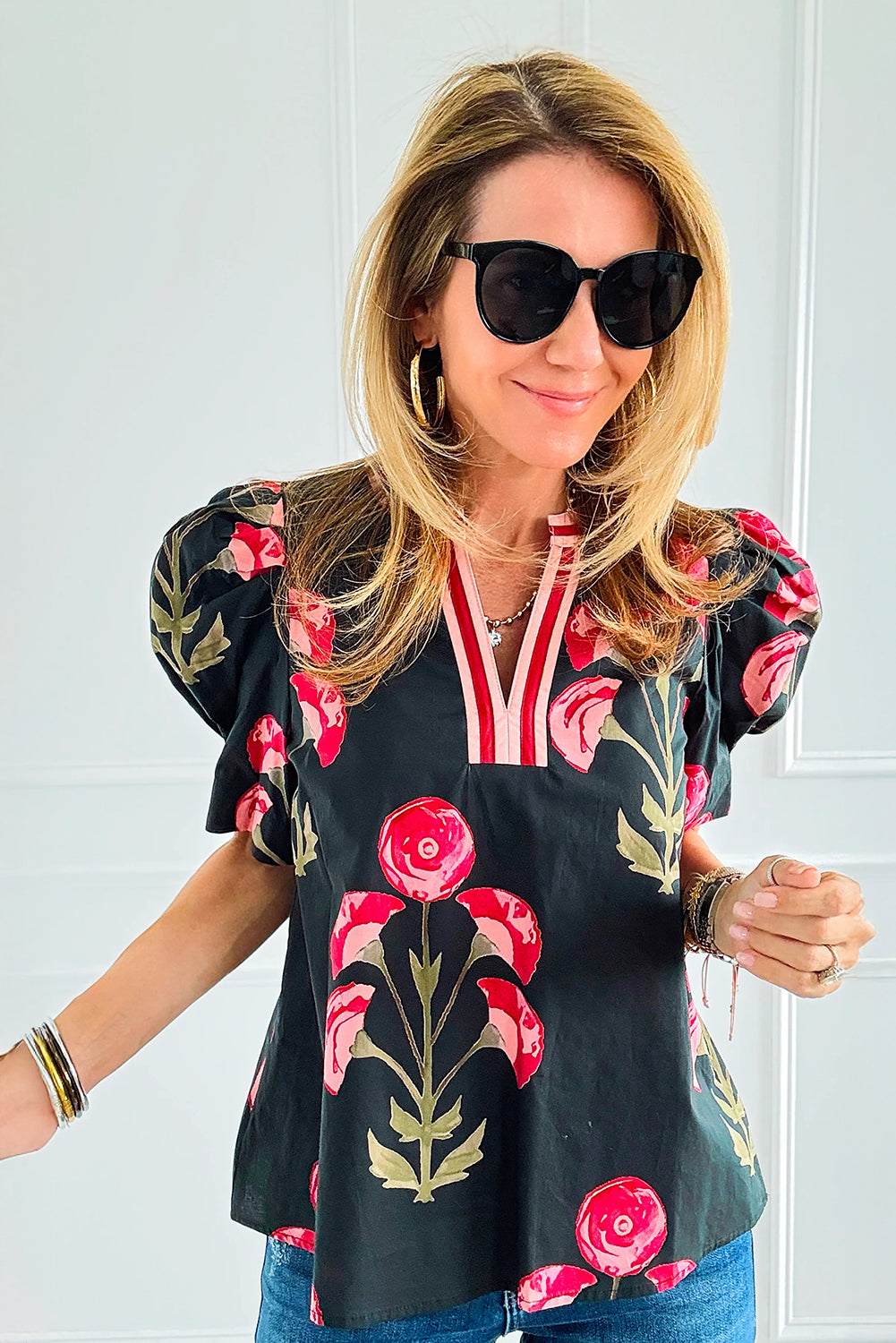 Black Floral Print Short Puff Sleeve Contrasted Striped V Neck Blouse