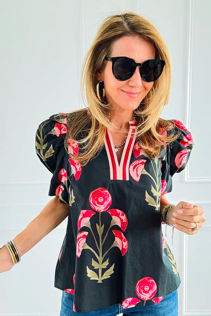 Black Floral Print Short Puff Sleeve Contrasted Striped V Neck Blouse