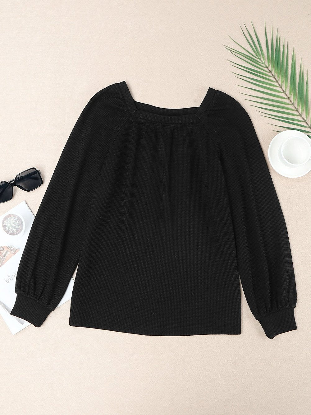 Elegant Square Neck Long Sleeve Waffle Knit Top