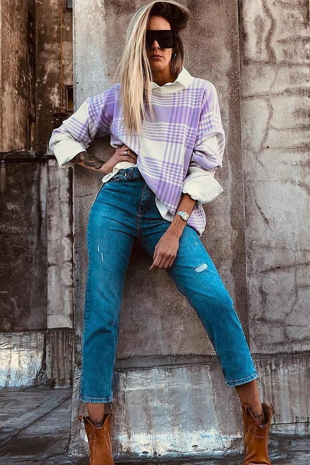 Lilac Plaid Print Ribbed Trim Loose Sweater