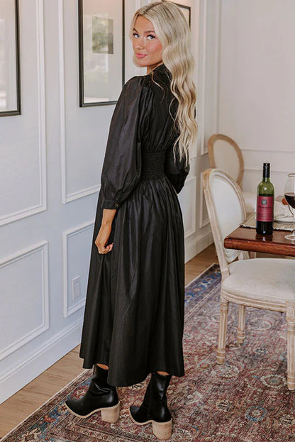 Black Smocked Waist Zipped Front Bracelet Sleeve Fit Flare Midi Dress