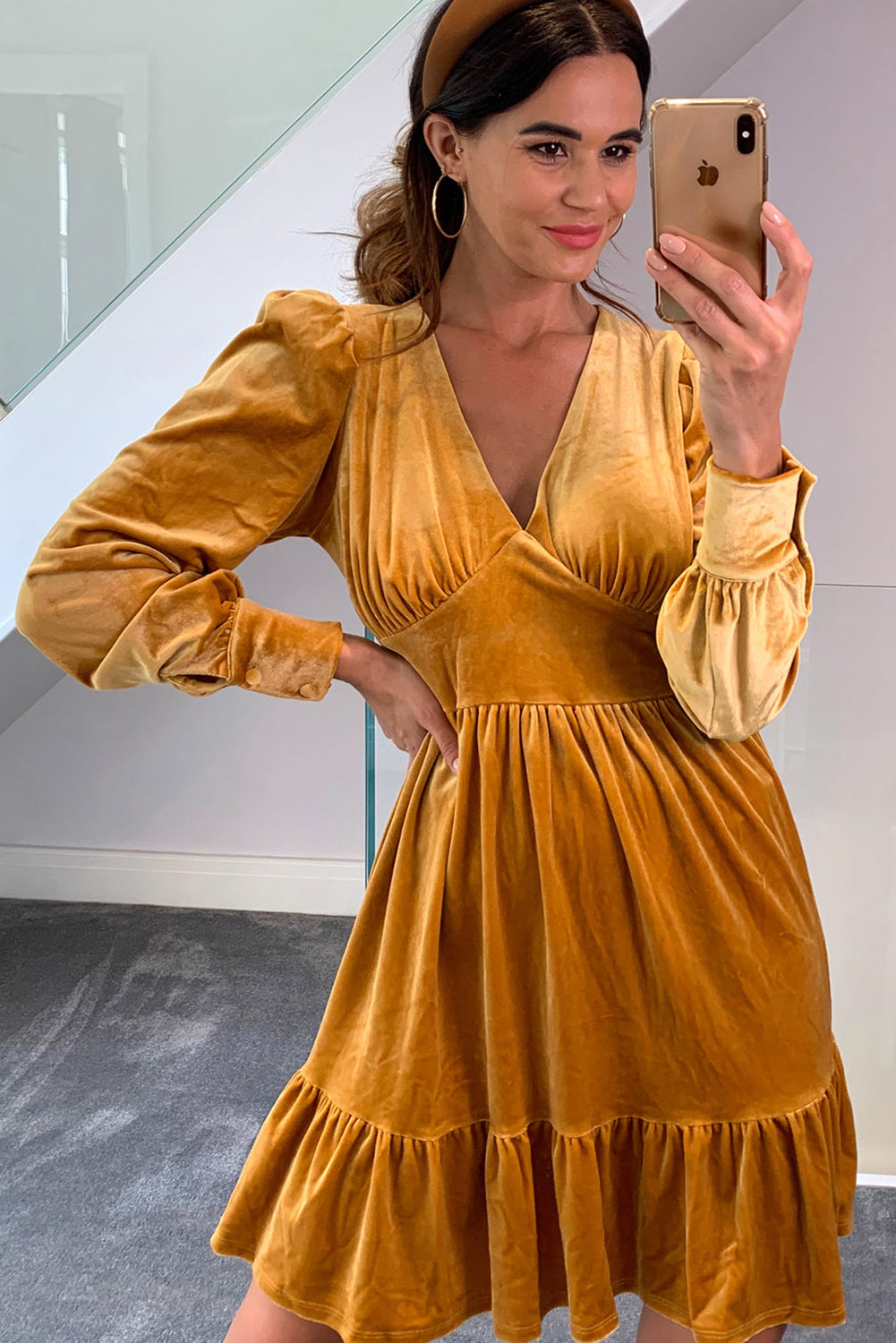 Golden Apricot Velvet Long Sleeve V Neck High Waist Ruffled Mini Dress
