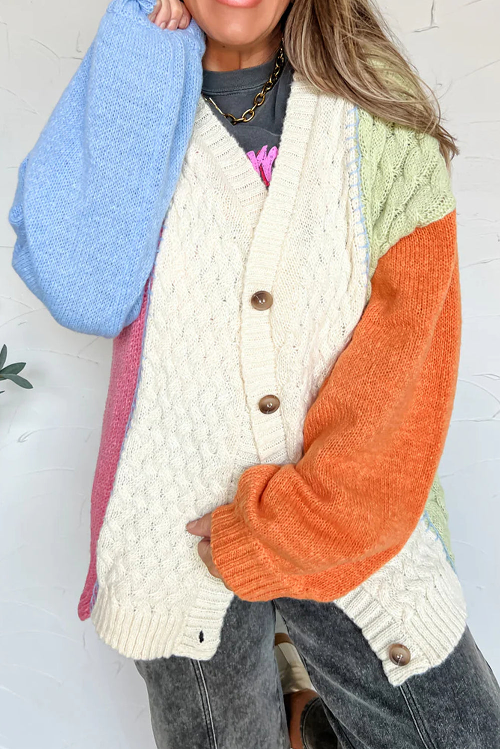 Beige Cable Color Block Knit Button V Neck Drop Shoulder Puff Sleeve Sweater