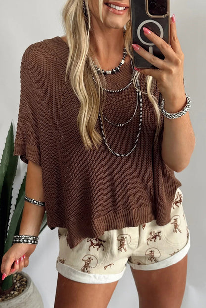 Coffee V Neck Half Sleeve Loose Sweater