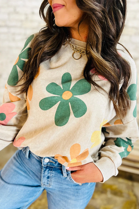 Khaki Big Flower Printed Drop Shoulder Mineral Wash Sweatshirt