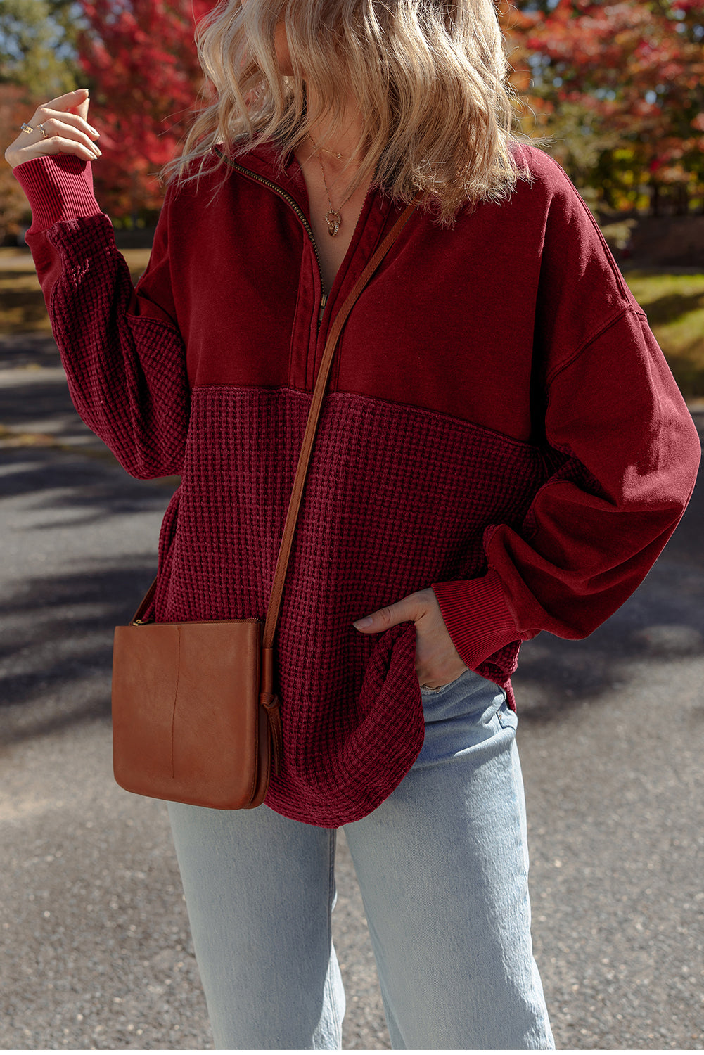 Red Dahlia Waffle Knit Patchwork Half Zipped Casual Sweatshirt