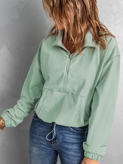 Green Zip Front Pullover Sweatshirt with Pockets