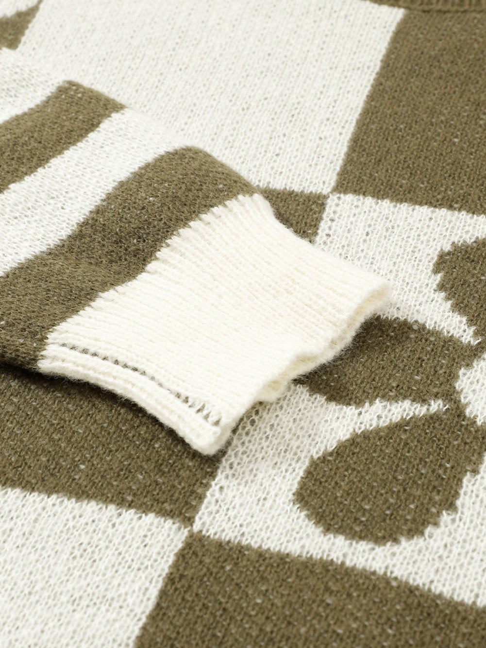 Green Checkered Floral and Striped Sleeve Sweater with Round Neck