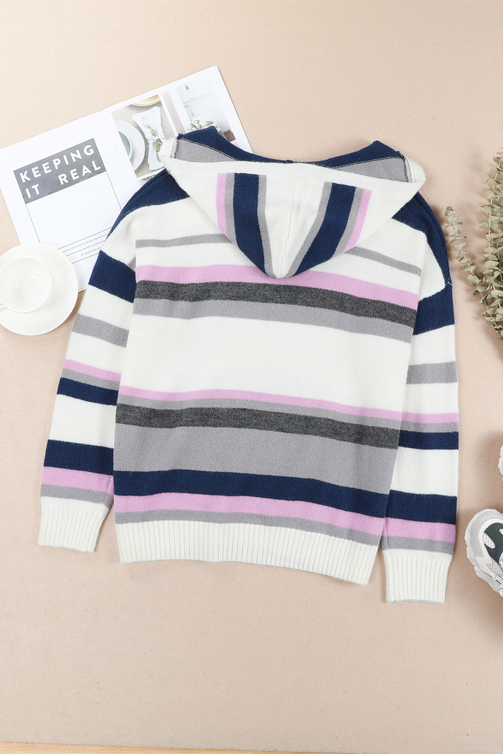 Stripe Oversized Hooded Knit Sweater for Curvy Women