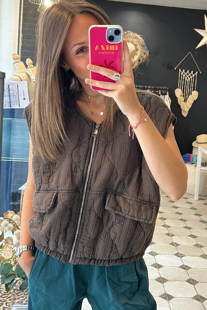 Chicory Coffee Playful Quilted Zip Up Elastic Hem Vest