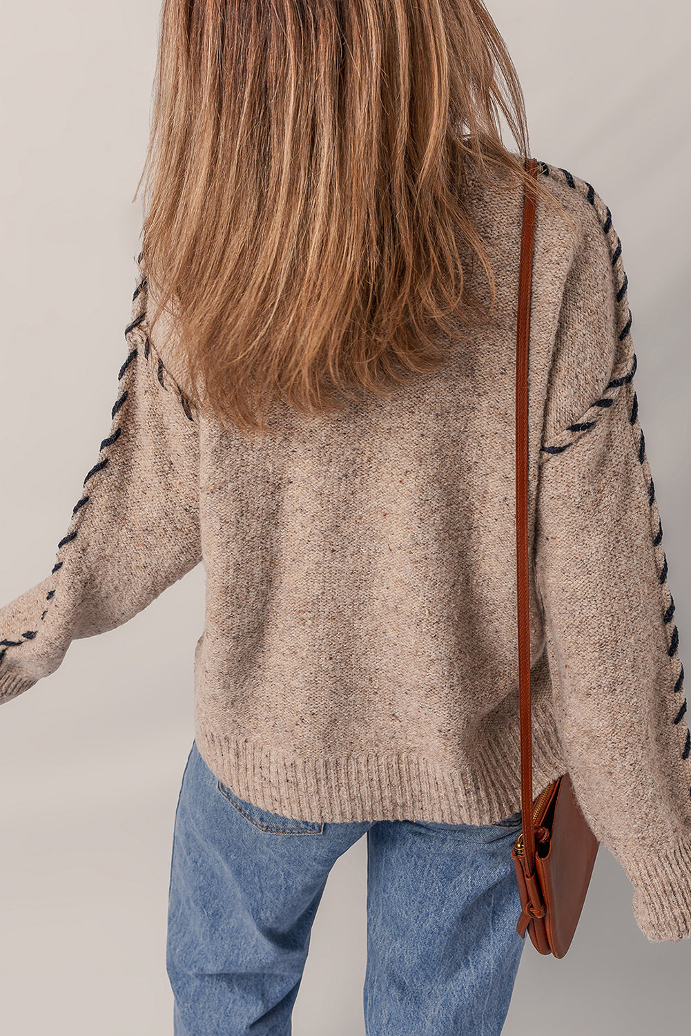 Smoke Gray Color Contrast Stitched Ribbed Edge Crew Neck Sweater