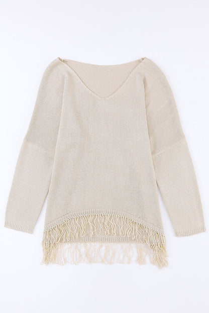 Khaki Knit Sweater with Fringe Detail for Casual Chic