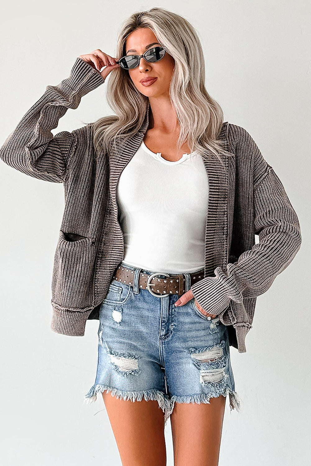 Dark Brown Mineral Wash Exposed Seam Patchwork Knit Open Sweater Cardigan