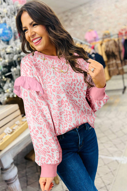 Pink Leopard Ruffle Detail Ribbed Trim Round Neck Sweatshirt