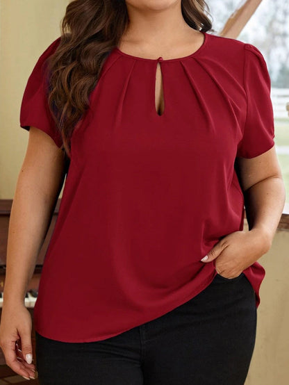 Red Dahlia Keyhole Pleated Crew Neck Plus Size T Shirt