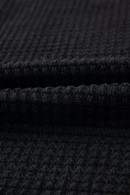 Black Waffle Knit Drop Shoulder Long Sleeve Top
