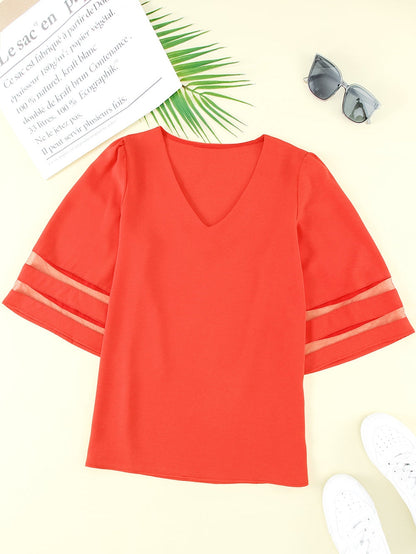 Fiery Crimson V Neck Blouse with Flare Sleeves