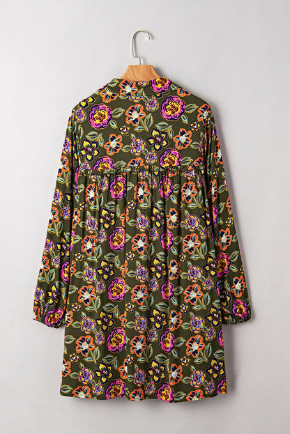Green Plus Size Floral Print Shirt Collar V Neck Loose Mini Dress