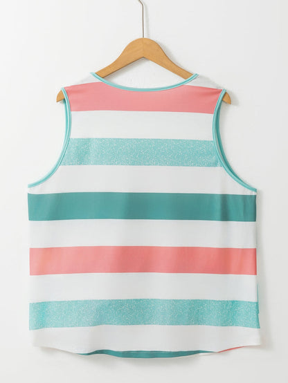 Vibrant Striped Plus Size Crew Neck Tankini Top