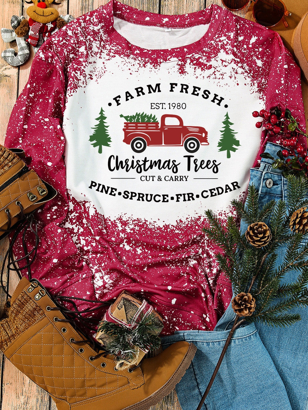 Festive Red Christmas Tree Truck Ink Splash Print Sweatshirt